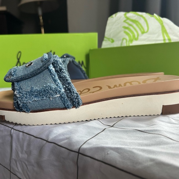 Sam Edelman Ariane Fray Blue Denim Slide Sandals - Picture 5 of 11